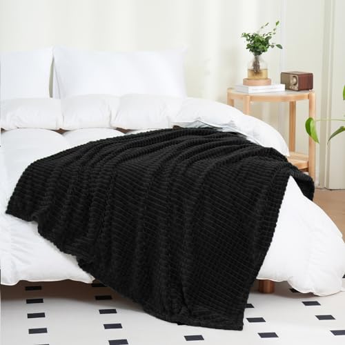 Puncuntex Flannel Fleece Throw Blanket Black 50"×60",Super Soft Plush Cozy Blanket with Square Grid Design Luxury for Couch Sofa Chair - color: Black, size: 50"×60"