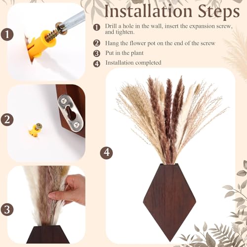 2 Pcs Bohemian Wooden Wall Planter Set with Pampas Grass Modern Farmhouse Wall Decor for Living Room, Bathroom, Bedroom, Office(Brown,Regular Style) - color: Brown, style: Regular Style