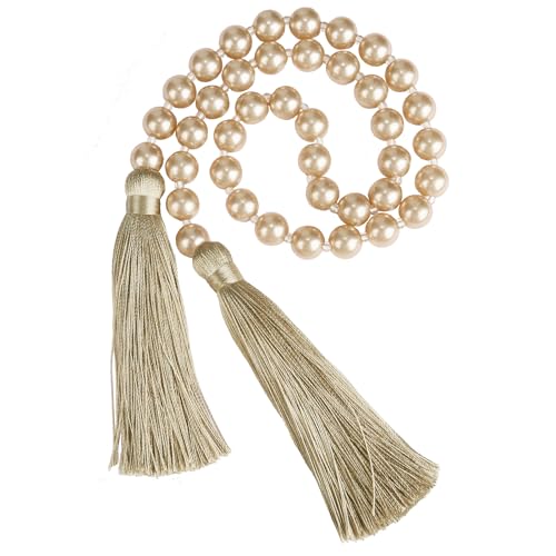 34 Inch Pearl Glass Bead Garland with Tassels - Elegant Boho Table Decor, Fringe Wall Hanging for Wedding, Party, Farmhouse Rustic Prayer Bead Home Decoration(1 Pack,Champagne Gold) - color: Champagne Gold, size: 1 Pack
