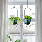 Modern Metal Hanging Planters with 6 Inch Pots and Sleek Chains - Set of 2 Oval Geometric Plant Hangers - Black Wall and Ceiling Mount Flower Holders for Indoor Décor - size: OVAL-6 INCH POT-V2