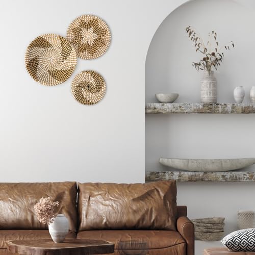 Glenmal 3 Pcs Boho Wall Basket Decor Decorative Bulrush Woven Basket Wall Decor Art Farmhouse Handmade Hanging Baskets with African Design for Living Room Display Table Settings Kitchen Home(Classic) - style: Classic