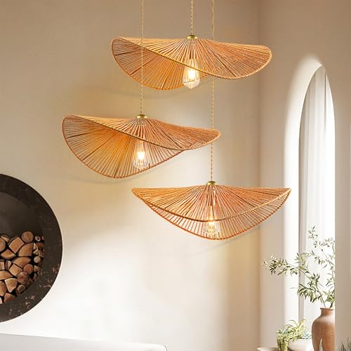 Boho Rattan 17-inch Pendant Light E26 lamp holder,height adjustable Restaurant chandelier Rattan light fixture Chandelier Woven Hanging Light Fixture for Bedroom Entryway Nursery Kitchen Island - color: Light Brown, size: 17-inch
