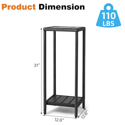 Outdoor Plant Stand 2 Tier Shelf for Patio Flower Pot Planter Stand Holder with Wicker Poly Lumber Shelves 31" Tall Corner Plant Display Rack with Adjustable Feet Heavy Duty for Balcony Porch Black