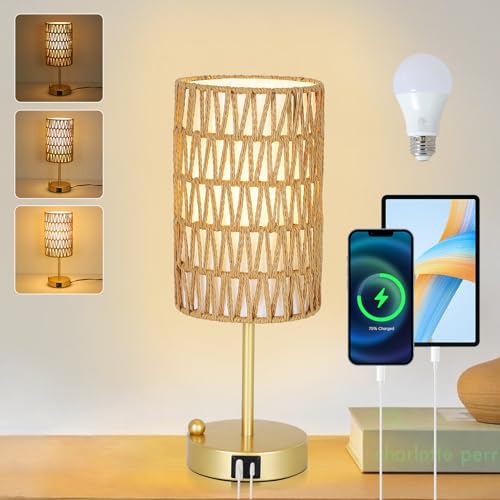 Gold Table Lamp for Bedroom with Bulb, Small Touch Control Table Lamp for Living Room with Rattan & Linen Shade, 3 Way Dimmable Bedside Lamp for Nightstand with USB Charging Port & Phone Stand - color: Gold