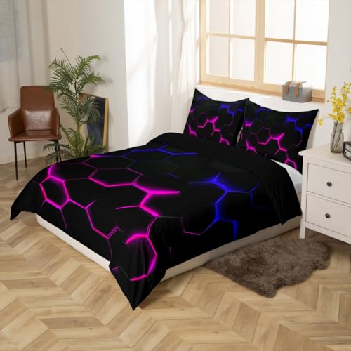 3D Honeycomb Duvet Cover Set King Size,Hexagon Theme with Pink Blue Neon Lights Comforter Cover,Boys Teen Man Chic Creative Home Bedding Quilt Cover 3 Piece with 2 Pillowcases,Black - color: Multi 01, size: King 104"x90"