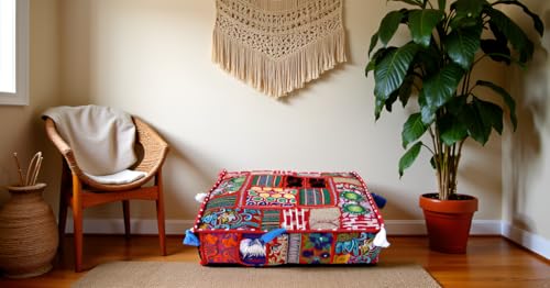 CRAFT KALA Indian Square Patchwork Traditional Pouf Cover Indian Living Room Poufs Decorative Embroidered Designer Ottoman Home Living Footstool Chair Cover Decor Pillow Cover 18x18x5 inches, Red - color: Red, size: 18"D x 18"W x 5"H