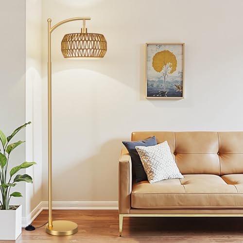Ambimall Arc Floor Lamp for Living Room with Remote, Color Temperature & Brightness Adjustable, Bohemia Standing Lamp with Rattan & Fabric Double Drum Shades, Bulb Included(Gold) - color: Gold Bohemian
