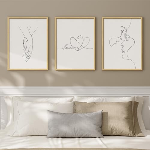 Framed Minimalist Line Love Bedroom Wall Art, 3 Piece Couple & Heart Prints Artwork for Walls, Modern Romantic Simple Black and White Painting Picture for Couple Bedroom Hallway Wall Decor, 12x16 Inch - color: White
