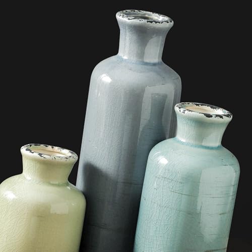 Flower Vase Set of 3, Ceramic Neutral Vases Home Decor, Pottery Rustic Farmhouse Decorative Vases Modern Decor for Table Mantel Entryway Bookshelf Living Room Kitchen Bedroom - Multicolor - color: 007 Rustic - Blue