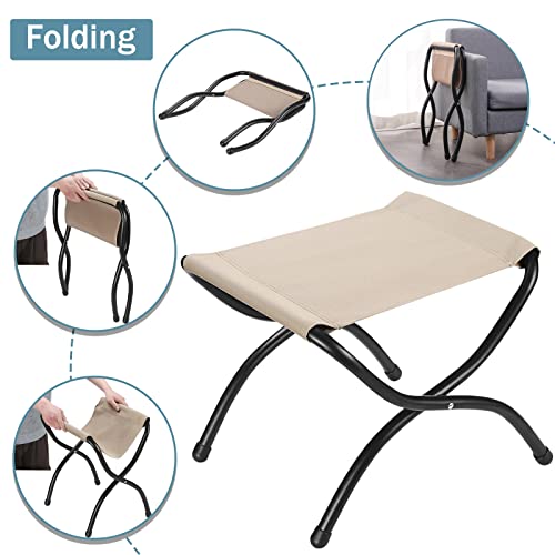 15" Foldable Foot Stool Ottoman with Metal Frame - Washable Blue Upholstered Indoor/Outdoor Footrest for Living Room, Bedroom, Patio - Space-Saving Compact Design - color: Blue
