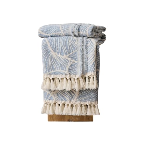 DOWN HOME Chenille Cotton Throw Blanket for Couch, Lightweight Boho Blanket for Bed Sofa Chair Living Room Outdoor Soft Woven Decorative Blanket with Tassel Gift Blue Leaves 60"x80" - color: Blue, size: 60"x80"
