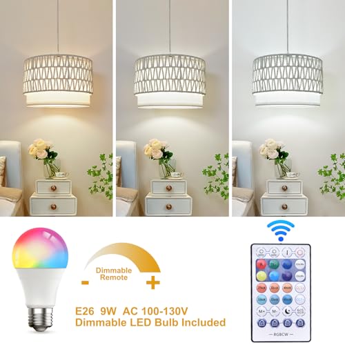ZSLAIFU Hanging Lamp Plug in Pendant Light, 15FT White Hanging Lights with Plug in Cord, Hanging Light with Bulb and Remote, Hanging Lamps for Bedroom, Living Room, Kitchen, Farmhouse - color: White Rattan-White Shade