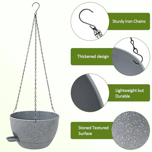 WOUSIWER Self Watering Hanging Planters, 2 Pack 10'' Plastic Pots with Drainage Holes & Reservoir Tray (Speckled Grey) | Indoor & Outdoor Use for Ferns, Ivy, Herbs, Succulents - color: Grey Speckled, size: 2 Pack 10 inches