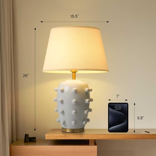 Modern Ceramic Linden Table Lamp - 26" White Ball Farmhouse Design, Classic Table Lamp Pottery Tapered Drum Shade for Living Room, Bedroom, Office, and Home （White） - color: White Pottery, size: 26 inch