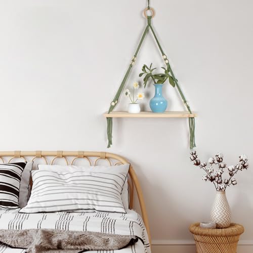HVEST Macrame Shelf Wall Hanging Rustic Wood Floating Storage Shelf for Bedroom Bathroom Living Room Nursery Dorm Apartment Handmade Woven Tapestry Modern Minimalist Wall Art Macrame Plant Hanger - color: Green White