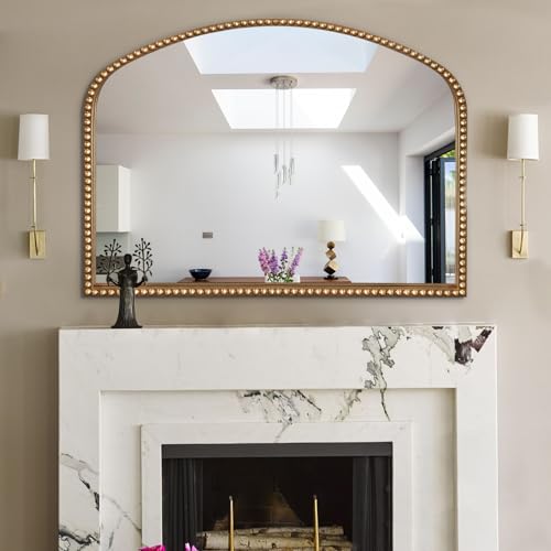 ironsmithn Gold Arched Mirror, 28"x36" Antique Mirrors with Beaded Frame, Classic Vintage Decorative Mirror, Marlowe Accent Mirrors for Mantel Fireplace Bedroom Bathroom Living Room Entryway - size: 28"L x 36"W