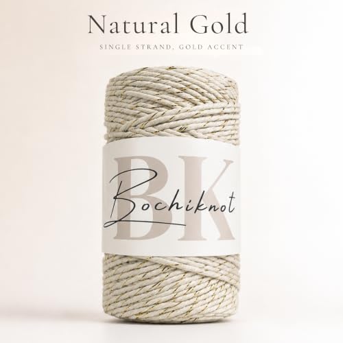BOCHIKNOT Single Strand Macrame Cord 5mm x 160yds (150m) – Soft Cotton Macrame Rope for Beginners, Easy to Knot for Wall Hangings, Plant Hangers, Fringe and DIY Crafts (Natural & Gold) - color: Natural & Gold Metallic, size: (5mm x 146m) - Single Strand T