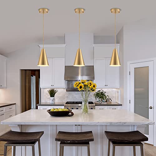Gold Pendant Lights Kitchen Island,Dining Room Light Fixtures Over Table 3 Pack with Brushed Brass Cone Metal Shade, Modern Farmhouse Mini Chandeliers,Adjustable Cord Hanging Lighting for Bar,Sink - color: 3Pack Gold