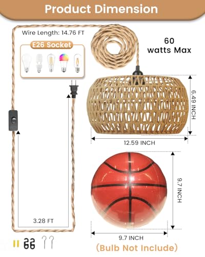 Rattan Boho Hanging Light,12.6'' Natural Hand Woven Fabric Drum Light,Plug Into Wall Outlet Pendant Light Fixture On/Off Switch for Dining,Living Room,Bedroom,Kitchen,Hallway Entryway, Without Bulb - size: 12.59'' x 6.49''