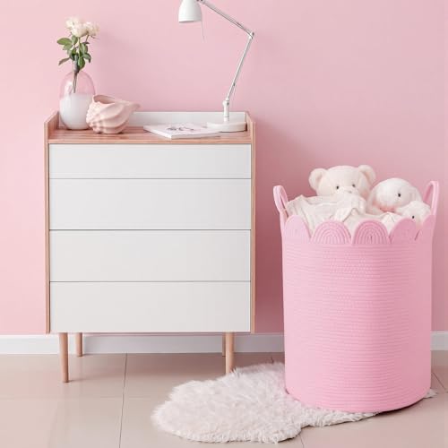 LemonRoad Pink Round Tall Basket Large Blanket Basket 15" L X 15" W X 19.7" H Scalloped Woven Baskets Cotton Storage Baskets for Nursery Classroom Closet Blankets Storage Home Decor - color: Pink, size: 15" L X 15" W X19.7" H