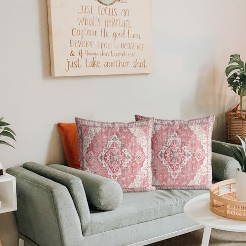 Snycler Pink Boho Throw Pillow Covers Set of 2 Monaco Rug Carpet Double Sided Pattern Cotton Soft Pillow Case Cushion Cover Pillowcase for Garden Couch Sofa Bed Decorative 16x16 inch - color: Pink, size: 16" x 16" (Pack of 2)