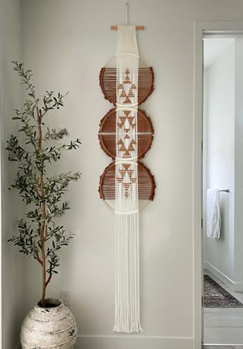 Flber Macrame Wall Hanging Brown and white Boho Wall Decor Art Living room wall art Round Handmade Geometric Lines Home Décor 11.8W x 65L - color: Brown1