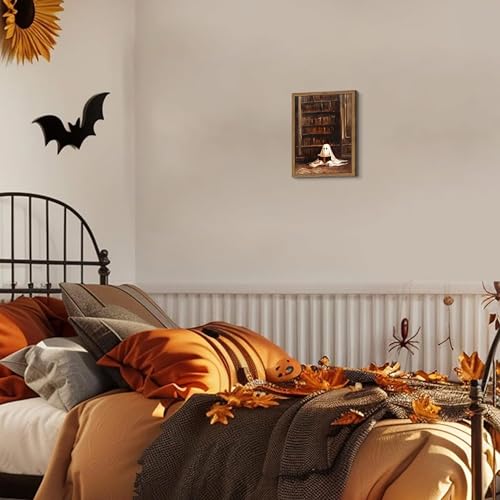 Framed Vintage Library Ghost Wall Art - Ghost Reading Canvas Print Halloween Decor, Gothic Victorian Dark Academia Halloween Wall Decor for Bedroom Office 8x10 inch Wood Frame - color: Ghost, size: 10"L x 8"W