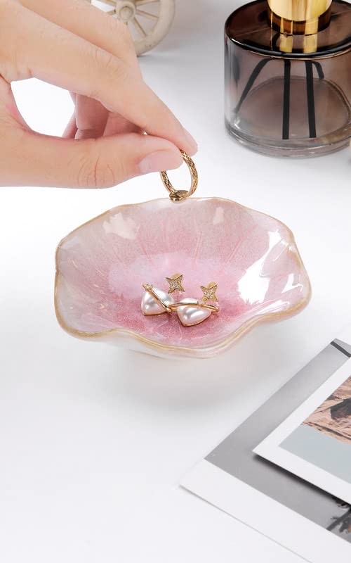 2PCS Lotus Leaf Shape Ring Holder Dish, Small Key Bowl, Ceramic Trinket Tray Jewelry Dish Organizing Necklace Earrings for Mom Friend Sister, All Jewelries Are NOT Included.Pink+Light Green.… - color: Pink+Light Green-Lotus