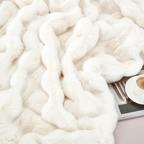 JONIYEAR Extra Large Soft Fuzzy Bubble Faux Rabbit Fur Bed Blanket Queen Size 80" x 90", Decorative Big Thick Warm Fluffy Blanket for Winter, Luxury Cute Cozy Shaggy Comfy Furry Blankets, Cream White - color: Cream White - 900gsm, size: Queen Size - 80" x