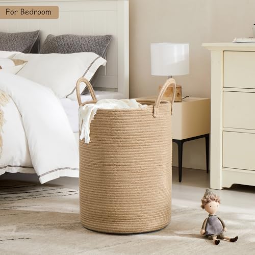 80L Extra Large Jute Laundry Hamper Tall Woven Laudnry Basket Wicker Rope Clothes Hamper Boho Blanket Basket in Living Room Bedroom 16"D x 22"H - color: Jute, size: Extra Large (80L)