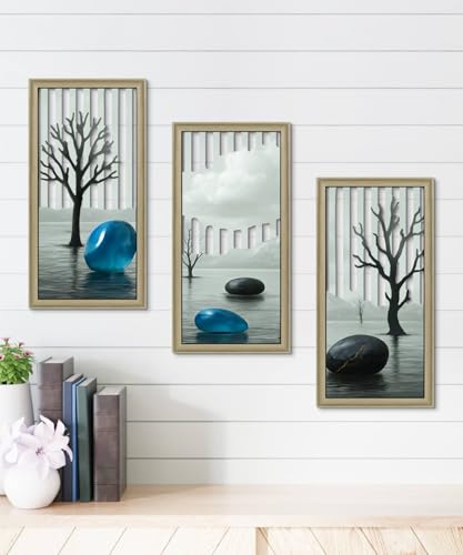 Putuo Decor Botanical Abstract Wall Art Set of 3, Mid Century Framed Wooden Wall Decor, Minimalist Geometric Contemporary Artwork for Bedroom Living Room Bathroom, 16.5 x 8.6 Inch - color: Muted Black & Teal Abstract