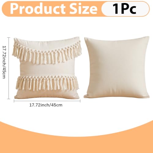 Boho Decorative Throw Pillow Cover 18x18 Inch Cozy Bohemian Macrame Cushion Cover Square White Cotton Pillow Case with Tassels for Couch Sofa Bed Bench Car Farmhouse Home Decor