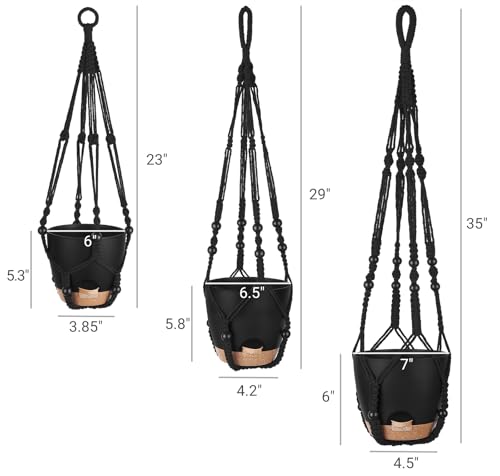 Mkono Hanging Planters, Macrame Plant Hangers with Self Watering Plant Pots Indoor Set of 3 Hanging Baskets Flower Pot Holders with Hooks No Tassels 3 Different Size for Boho Home Decor - color: Black