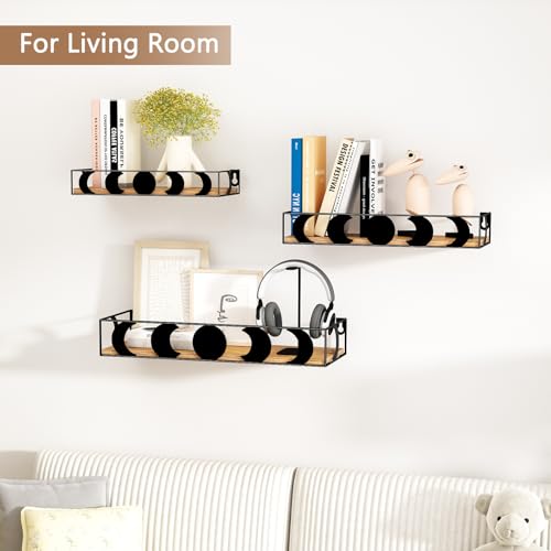 PHAREGE Black and Brown Floating Wall Shelves, Set of 3 Moon Phase Decorative Small Shelves for Bedroom Kid Room, Display Shelf for Crystal Collectibles Figurine - color: Black Brown