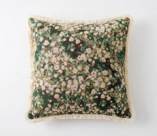 Vintage Floral Throw Pillow Cover with Fringe Trim 18x18, Cotton Cross Stitch Fabric, Abstract Oil Painting Style, Decorative Accent Cushion Cover