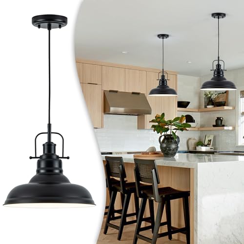 Zlepmlla Famrhouse Pendant Light, Black Pendant Light Fixture with Metal Dome Shade, Adjustable Height Hanging Light for Kitchen Island, Living Room, Bedroom - color: Metal Black