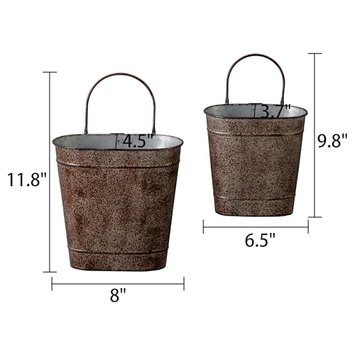 SOFE Set of 2 Vintage Oval Galvanized Wall Planter Basket - Decorative Hanging Wall Flower Pot - Farmhouse Garden Metal Wall Vase for Country Home Living Room