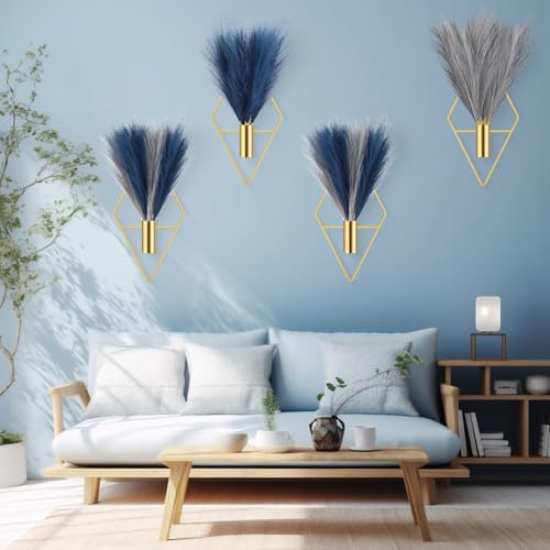 Hanaive 4 Sets Boho Gold Wall Decor Metal Wall Art Hanging Planters with Artificial Pampas Display Art Modern Home Metal Vase for Bedroom Living Room Home Office(Gold, Blue, Light Gray) - color: Blue,light Gray, style: Soft