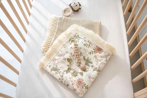 Little Jump Cotton Muslin Swaddle Blankets with Tassel, Boho Bohimia Muslin Baby Blanket Neutral with Fringe, Vintage Teddy Bear Nursery Decor Muslin Throw Blanket 47" x40" (Vintage Blossom) - color: Vintage Blossom