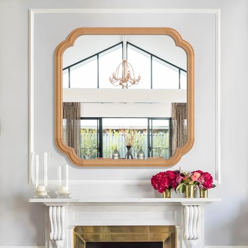 Ferytane Square Natural Wood Mirror 24X24 Inch,Wood Mirror for Bathroom Over Sink Rounded Corner Wooden Framed Mirror for Vanity, Entryway, Living Room Farmhouse, Tempered Glass (Natural Beech Wood) - color: Natural Wood, size: 24"L x 24"W