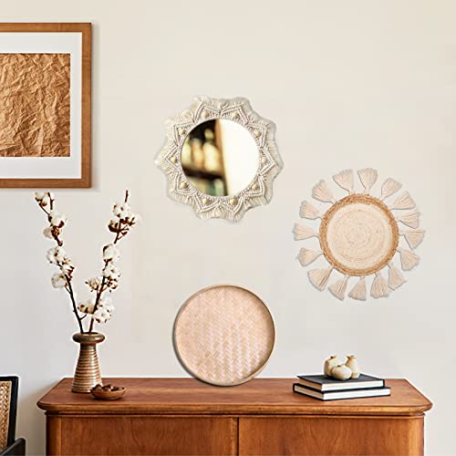 Boho Wall Basket Decor Set - Flat Woven Macrame Tapestry, Mirror White Round Tassels, Handmade Rattan Wicker Seagrass Wall Basket - color: White, size: Style 3