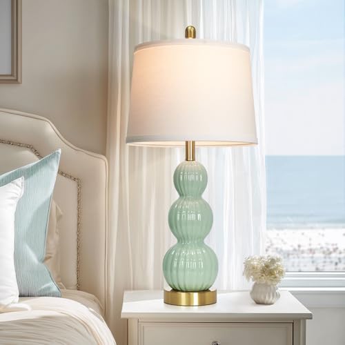 28" Sage Green Table Lamps Set of 2 for Living Room, Modern Ceramic Bedside Lamps for Bedroom, Ribbed Gourd Table Lamps for Nightstand (2 LED Bulbs Included) - color: Sage Green - 28"H