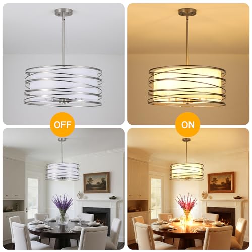 ACNKTZ 19.7'' Brushed Nickel Drum Chandeliers for Dining Room, 5-Lights Kitchen Chandeliers Over Table, Entryway Light Fixture Hanging, Industrial Round Chandelier for Living Room Stairwell Bedroom - color: Brushed Nickel, size: 19.7"/5-Light