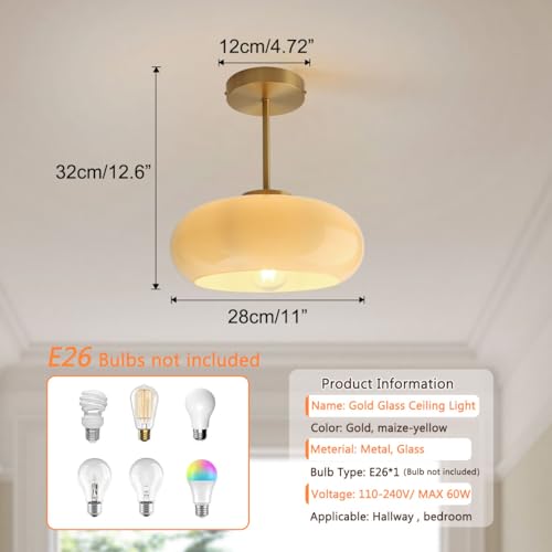 Mid Century Ceiling Light Fixtures Milk Glass Ceiling Lights Round Milk Yellow Shade Gold Brass Semi Flush Mount Ceiling Light Globe Glass Ceiling Lamp for Hallway Dining Room Kitchen - color: Milk yellow-2