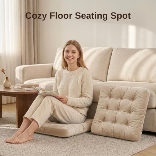 Floor Pillow for Adults, Soft Velvet Floor Cushion for Sitting, Single Square Tufted Floor Pillow for Reading Nook, Living Room, Bedroom, 22 x 22 Inch, Beige - color: Beige, size: 1pack