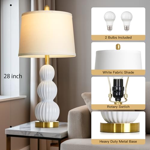 28" White Ceramic Table Lamps Set of 2, Modern Bedside Lamps for Night Stands, Triple Gourd Table Lamp for Living Room End Table or Bedroom Nightstand (2 LED Bulbs Included) - color: White - 28"H