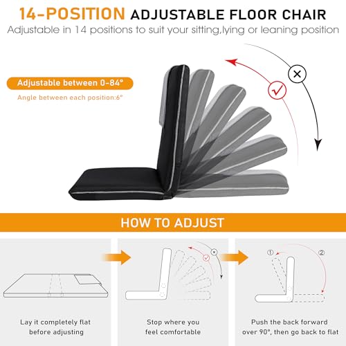 Floor Chair with Back Support 14-Position Adjustable Floor Chair Portable Ground Seating for Adults & Kids Foldable Meditation Seat with Japanese KOYO Bearings & Washable Linen Cover (Black) - color: Black & Grey, style: Regular