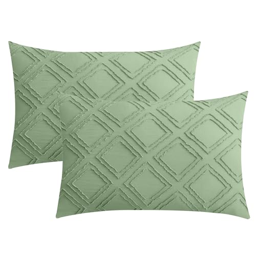 JELLYMONI Pillowcases King Size Light Green 2 Pack Boho Plaid Bed Pillow Covers 20x36in Polyester Envelope Pillow Shams Tufted Bohemian Textured (Pillows are not Included) - color: 02 - Light Green - Grid, size: 36" x 20" (Pack of 2)