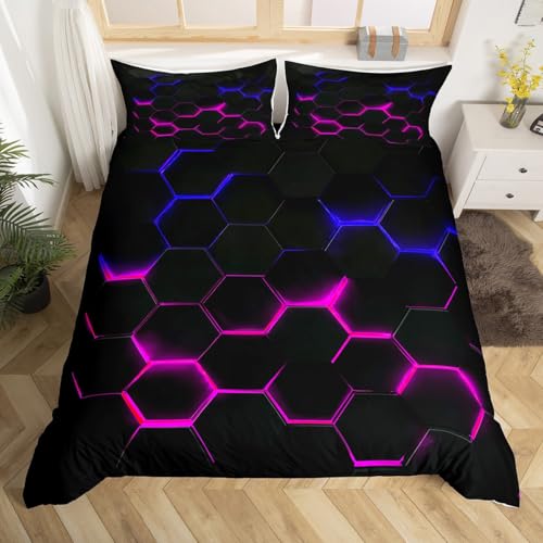 3D Honeycomb Duvet Cover Set King Size,Hexagon Theme with Pink Blue Neon Lights Comforter Cover,Boys Teen Man Chic Creative Home Bedding Quilt Cover 3 Piece with 2 Pillowcases,Black - color: Multi 01, size: King 104"x90"