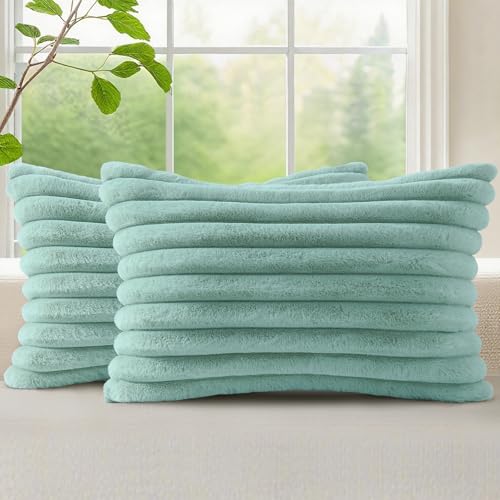 decorUhome Fall Cozy Faux Fur Throw Pillow Covers 12x20 Set of 2 Decorative Soft Plush Striped Lumbar Modern Farmhouse Boho Couch Pillow Cases with Velvet Back for Sofa Bed Living Room, Aqua - color: Aqua, size: 20" x 12" (Pack of 2)